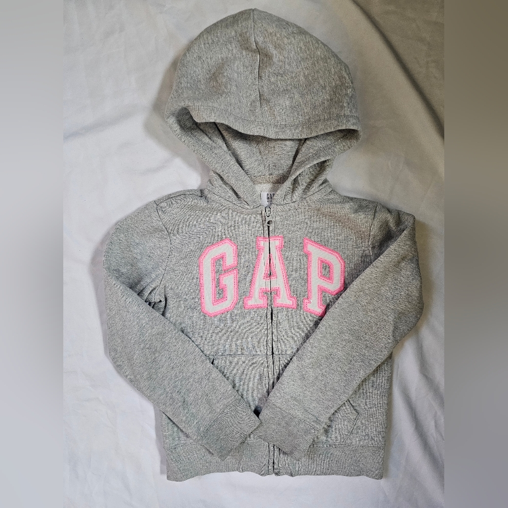 Gap Kids' Gray Zip Hoodie with Pink Logo- Medium